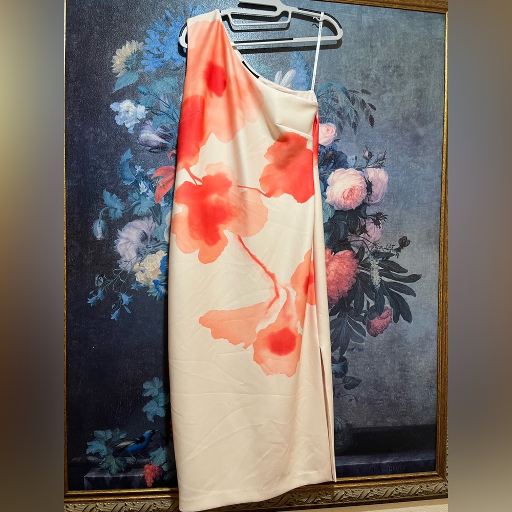 Donna Karan Cream and Orange One Shoulder Sheath Dress